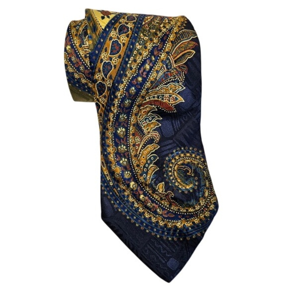 Hubert Milano Mens Silk Tie Navy Blue Olive Gold Paisley Made in Italy Vintage